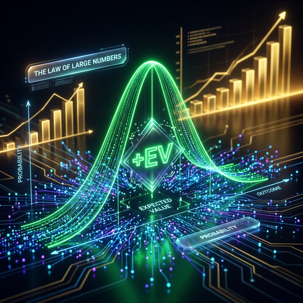 Premium digital infographic displaying +EV positive probability curve and numeric data stream