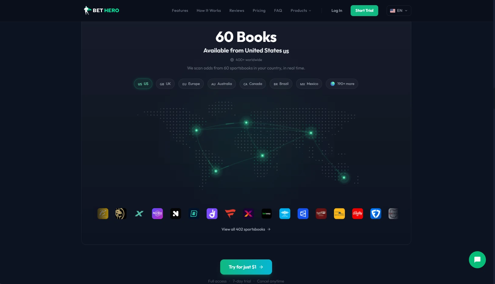 Bet Hero supported sportsbooks — 60+ US and international books covered