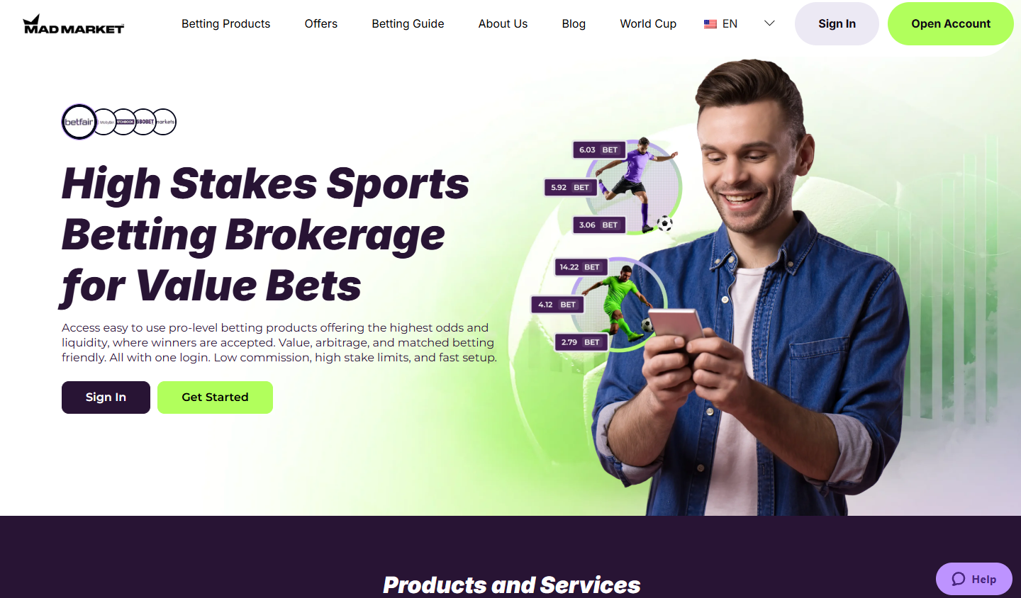 MadMarket betting broker — limit-free sharp sportsbook access with crypto and e-wallet funding