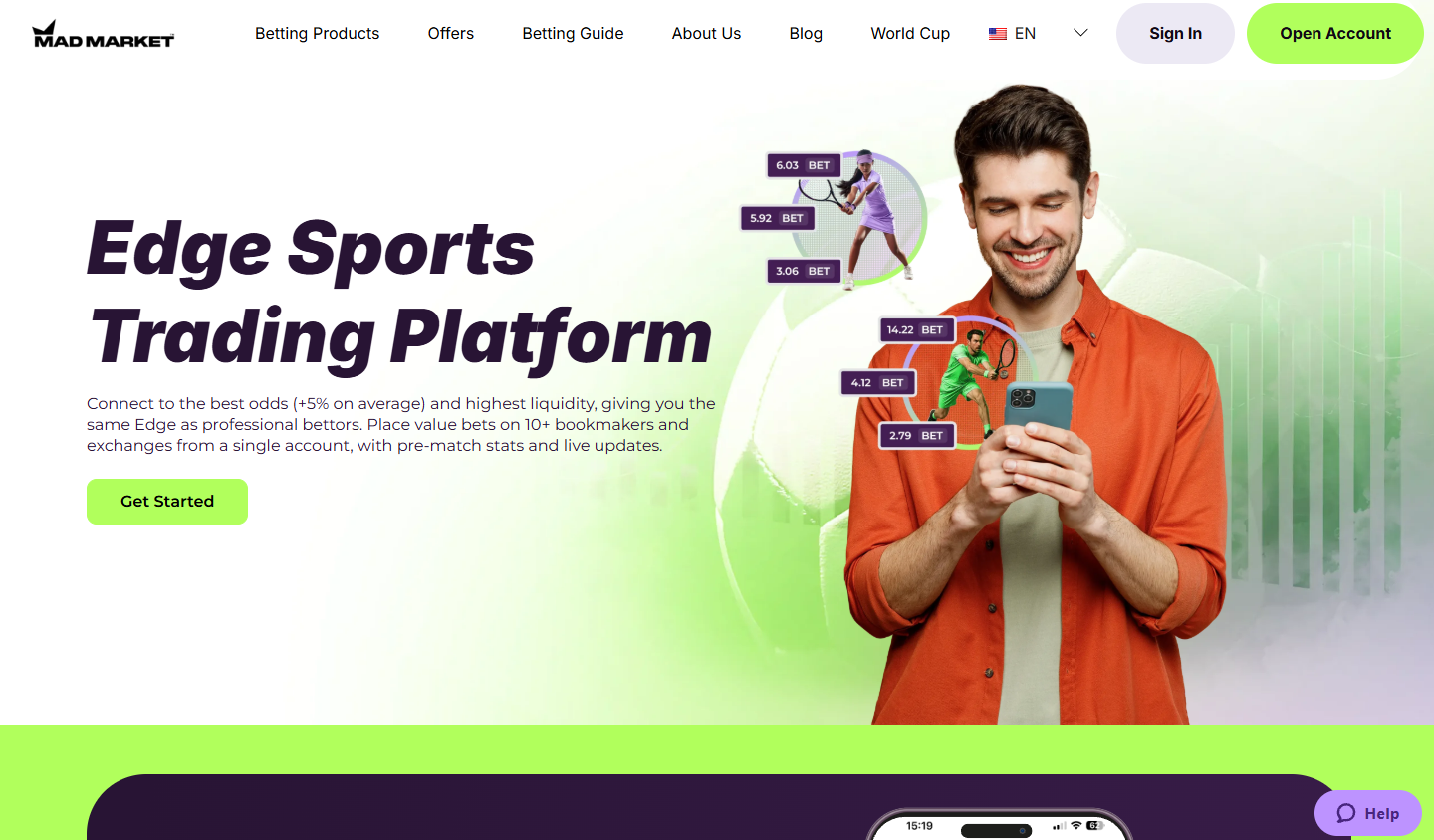 MadMarket Edge platform — sharp betting interface with real-time odds and commission-free sportsbook bets