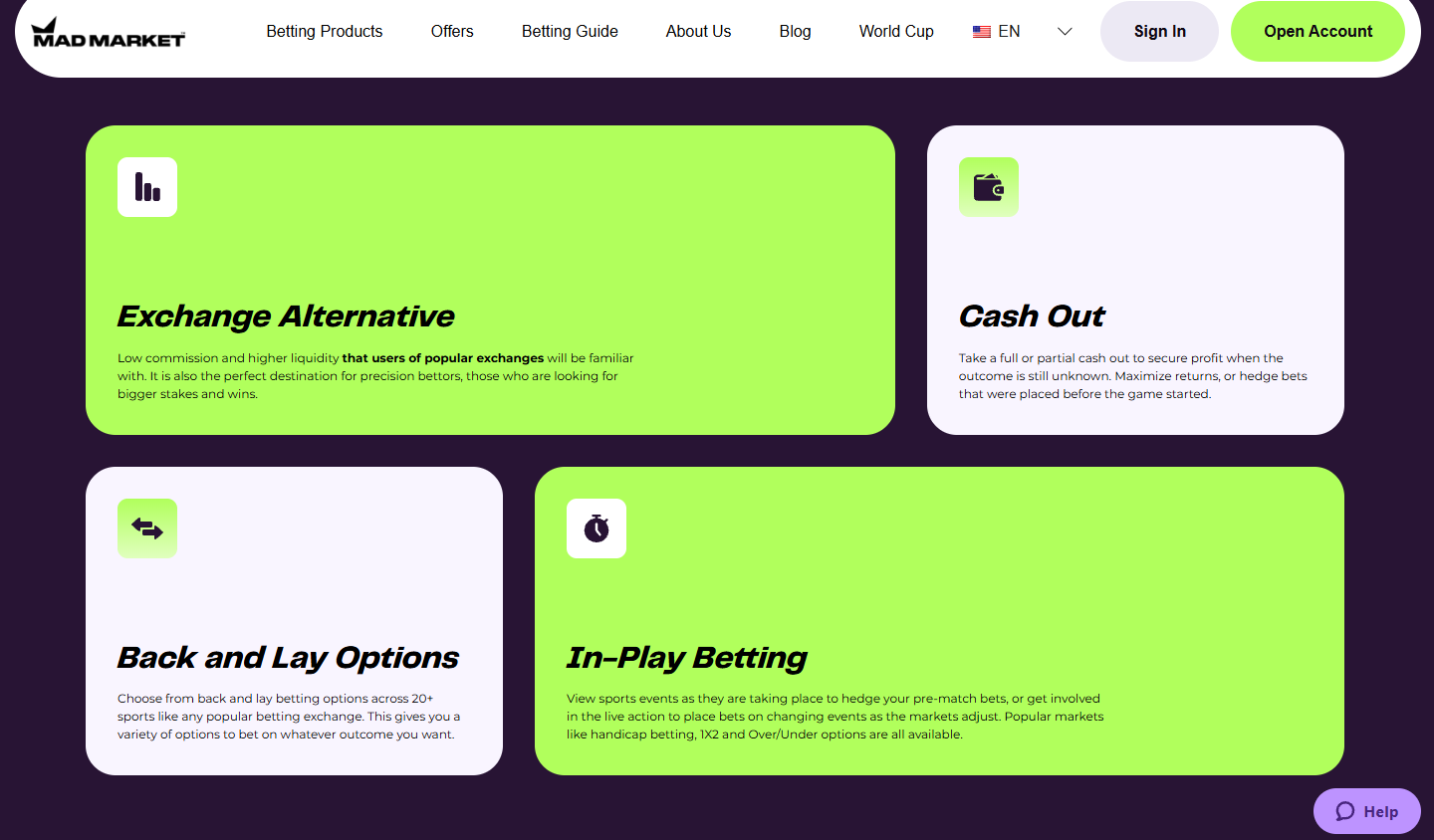 MadMarket key features — Edge betting interface, Sharp Exchange, and Probet42 tools overview