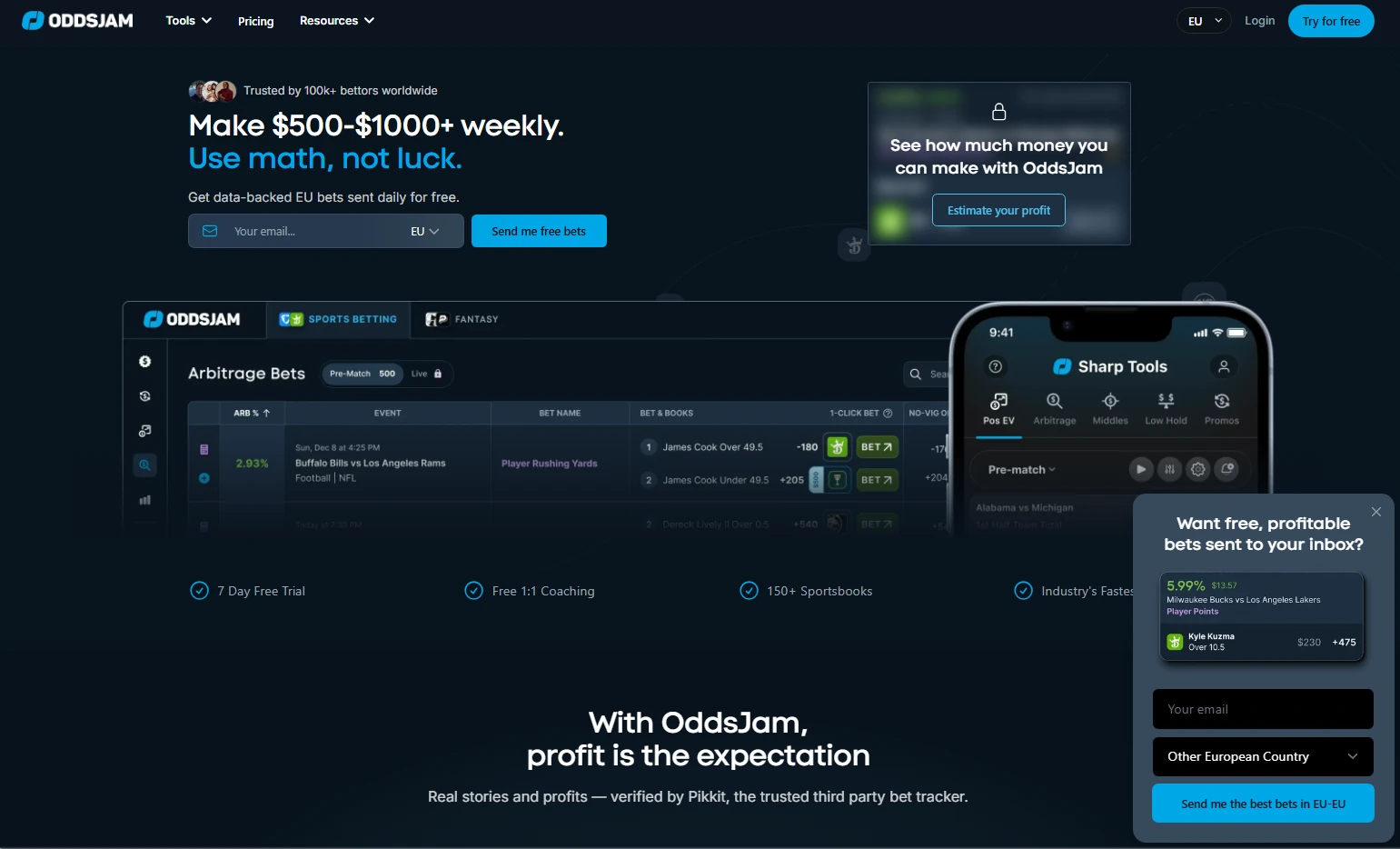 Interactive operational interface breakdown of OddsJam
