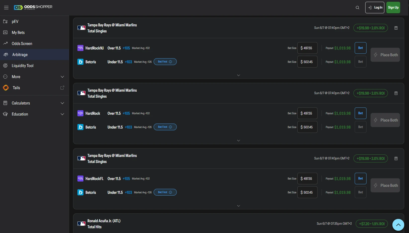 Odds Shopper arbitrage and +EV scanner interface