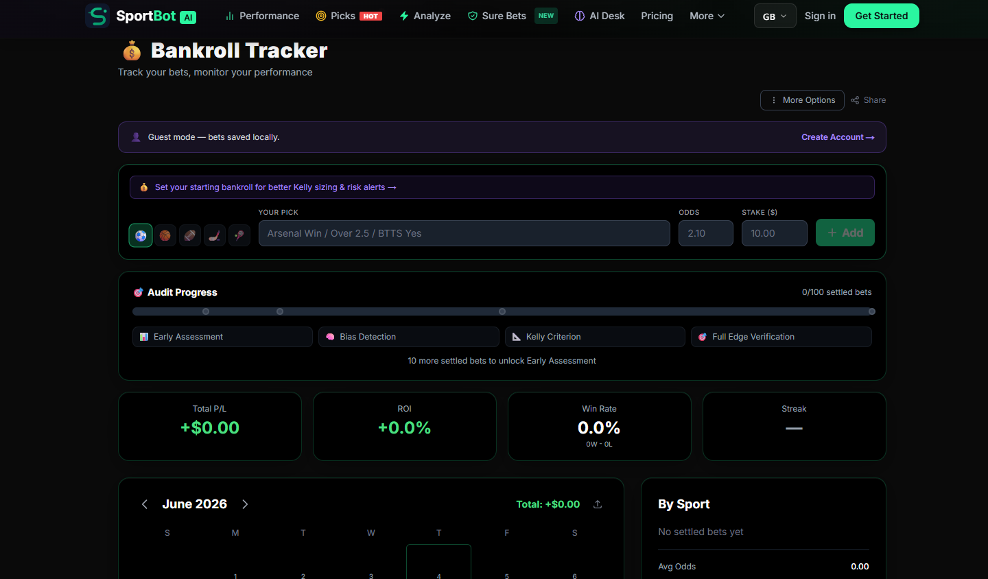 SportBot AI bankroll tracker — monitoring picks performance, ROI and unit growth over time